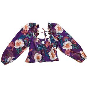 Boho Floral Purple Crop Top XS By Band Of The Free Ruched Front & Puff Sleeves.